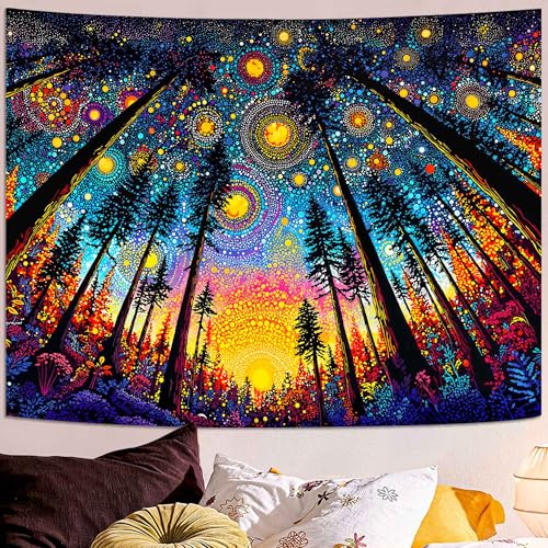 Spenlife Upward Forest Starry Sky Wall Tapestry, Trippy Night Tree Tapestries for Bedroom Decor, Scenic Tapestry 60x44 Inch - color: Gold Blue, size: 60"L x 44"W