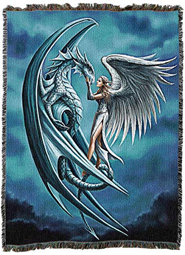 Pure Country Weavers Silverback Dragon with Angel Woven Blanket by Anne Stokes - Fantasy Gift Cotton Tapestry Throw - Made in The USA - 72" x 54" - color: Silverback, size: 72" x 54"