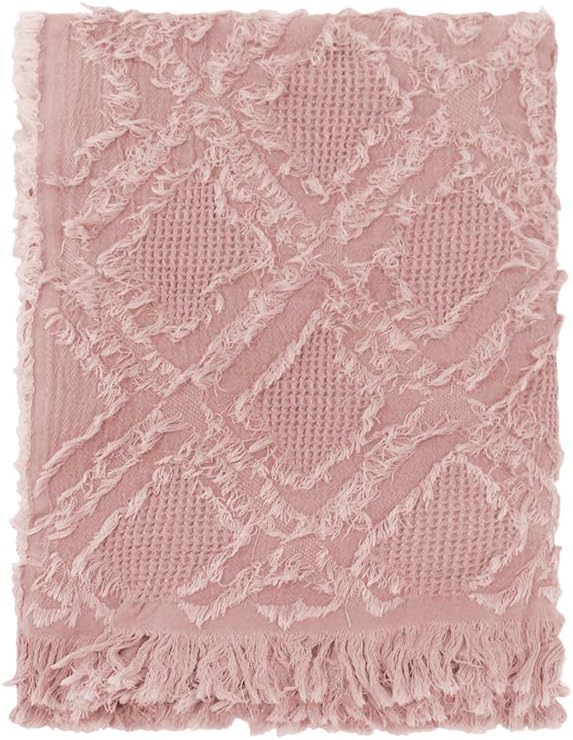 Simple&Opulence 100% Cotton Throw Blanket for Bed, Couch, Boho Textured Geometric Knit Woven Blanket with Tassels Soft, Lightweight Breathable Shabby Chic Farmhouse Decoration for All-Season(Pink)