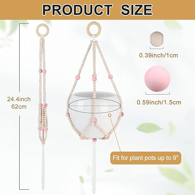 Hotfiary Plant Hanger Indoor Hanging Plant Holder Hang Planter Basket Wood Bead Decorative Flower Pot Holders Boho Farmhouse Rustic Decor Indoor Outdoor (Pot Not Included)