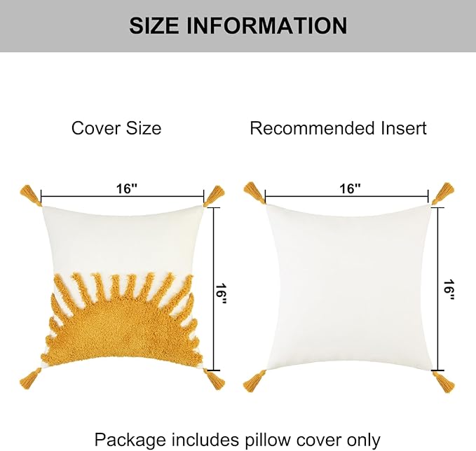 Adabana Boho Throw Pillow Covers 16x16, Decorative Tufted Pillows Cover for Couch Bed, Sun Sunshine Pillow Cover for Kids
