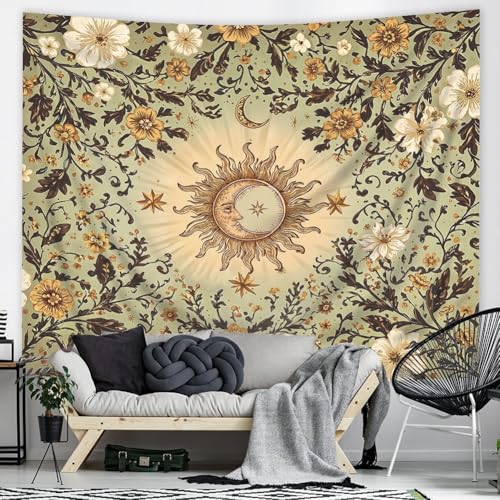 Riyidecor Boho Sun and Moon Tapestry 91Wx71H Inch Green Bohemian Floral Flower Leaves Plant Botanical Vintage Retro Rustic Country Wall Hanging Artistic Home Dorm Decor Art Living Room Bedroom - color: A-green, size: 71L" x 91W"