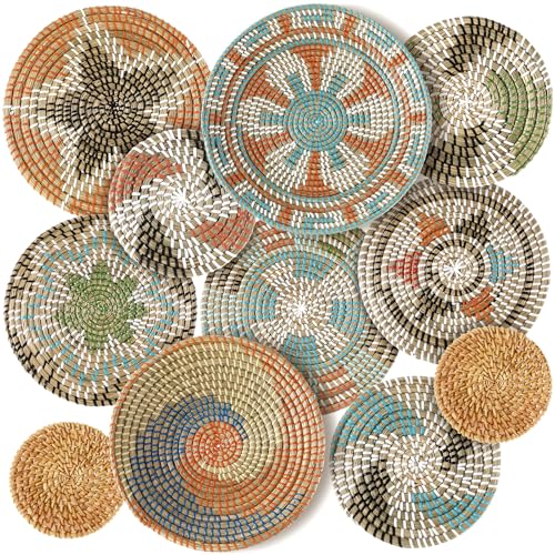 Tatuo 11 Pcs Boho Wall Basket Decor Bulrush Woven Wall Hanging Art Round Farmhouse Rustic Handmade Wicker for Summer Home, Bedroom, Living Room, Kitchen Decorations, Multi Sizes(Farmhouse) - style: Farmhouse