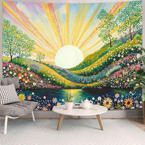 Lunerfex Soothing Spring Meadow Tapestry - Sunburst Landscape Wall Hanging with Colorful Flowers and Lake - Cheerful Nature Decor 60"x44" - color: Bright Green, size: 60"L x 44"W