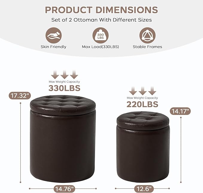 Round Set of 2 14.76" L x 14.76" W x 17.32" H Faux Leather Ottoman with Storage, Small Foot Rest Storage Ottomen with Lid Living Room, Bedroom Vanity Stool Chair, Coffee