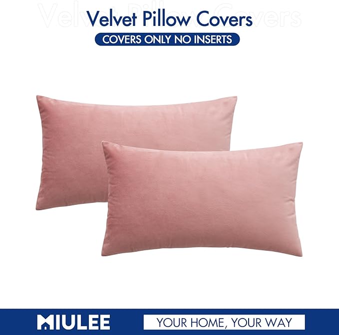 MIULEE Velvet Throw Pillow Covers 12x20 Inch, Pack of 2 - Dusty Pink, Soft Solid Lumbar Decorative Pillow Covers Modern Luxury Home Decor for Spring Couch Sofa Bedroom Livingroom