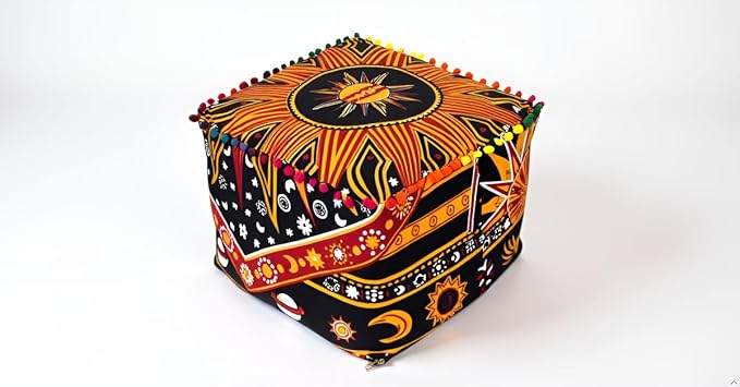 CRAFT KALA Square Mandala Floor Pillow Cushion Cover Seating Throw Cover Hippie Decorative Bohemian Ottoman Poufs Cover Pillow Cases Cotton Living Room Home Décor 20X20X14 inches, Orange Burning Sun