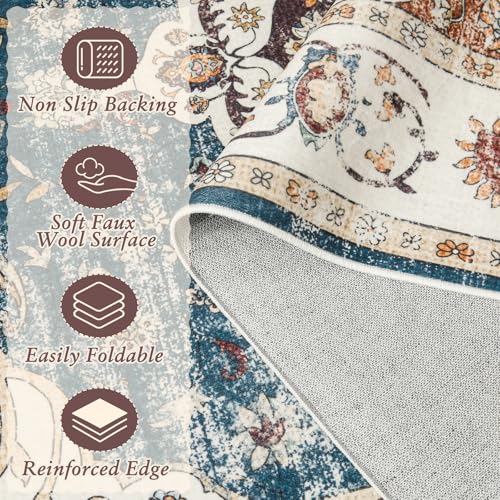 HOMORE Vintage Runner Rug-2x6 Hallway Runner Rugs for Kitchen Entryway Non Slip Washable Bedroom Rug Faux Wool Floor Carpet Runners for Indoor Front Entrance Laundry, Blue/Brown - color: Blue/Brown, size: 2' x 6' (Rectangular)