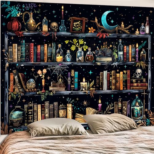 Accnicc Magic Bookshelf Tapestry Magical Witchy Potion Dark Hippie Haloween Tapestries Wall Hanging Gothic Skull Black Cat Library Book Large Tapestry for Bedroom Living Room Dorm 90 x 68 inch - color: Blue, size: 90"L x 68"W