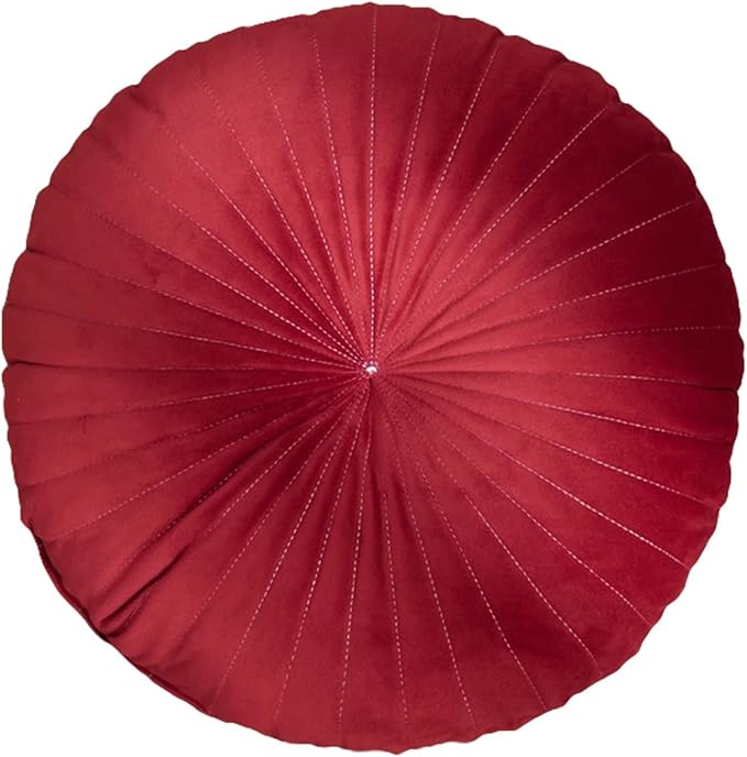 HLOVME Round Pillow Cushion for Couch Velvet Decorative Small Throw Pillow Solid Color for Living Room Bed Floor 15.7”, Wine Red