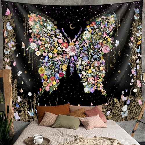 Damanse Butterfly Tapestry Wall Hanging Cute,Boho Wall Tapestry for Bedroom Aesthetic,Flower Living Room Decor for Teen Girls (Black, 49.20" x 59.10") - color: Black, size: 59.1"L x 49.2"W