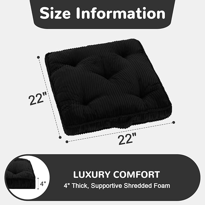 Floor Pillow Set of 2, 22x22 Tufted Floor Cushion for Adults, Square Large Meditation Cushion Pillow, Black Corduroy Sitting Pillow with Handle, Yoga Seating for Tatami