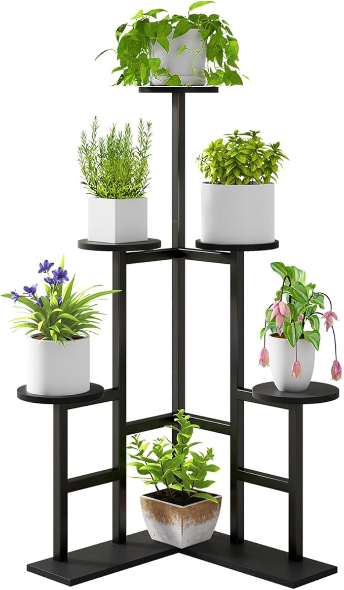 IBUYKE 6 Tier Plant Stand Indoor, Tall Flower Pot Stand for Multiple Plants, Tiered Corner Plant Shelf for Living Room Patio Balcony Garden, , Black TMJ072B