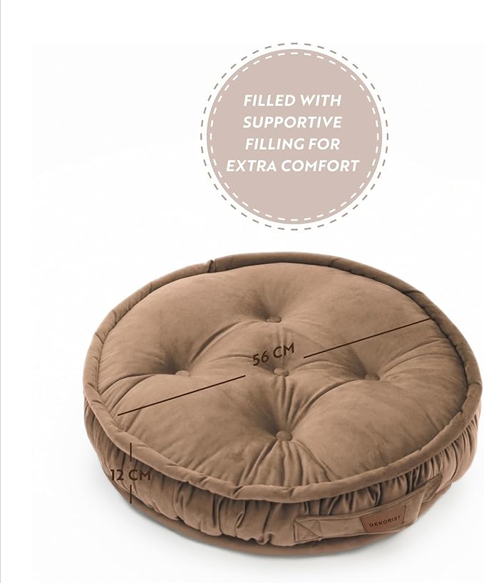 Round Floor Cushion, Floor Pillow Thick Floor Seating, Comfortable Supportive, Quilted Soft Booster Seat Pad for Yoga Meditation, Yoga Cushion, 56 cm 22 inch, Ibiza, Light Brown