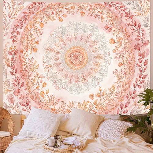 Wegklazax Watercolor Floral Mandala Tapestry, Soft Orange Botanical Wall Art for Room Decor, Cottagecore Aesthetic Home Decor 60" L x 44" W - color: Orange White, size: 60"L x 44"W