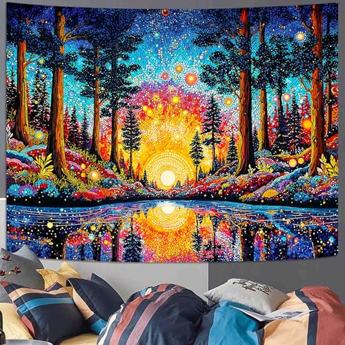 Lunerfex Sunrise Forest Lake Wall Tapestry, Trippy Nature Landscape Tapestries for Home Decor, Colorful Tapestry 60x44 Inch - color: Pale Green Beige, size: 60"L x 44"W