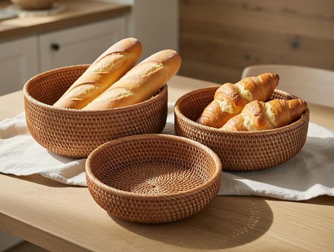 YANGQIHOME Natural Rattan Round Fruit Basket Bowls, Handwoven Storage Serving Baskets, Wicker Organizer for Dinning Room (Set of 3)