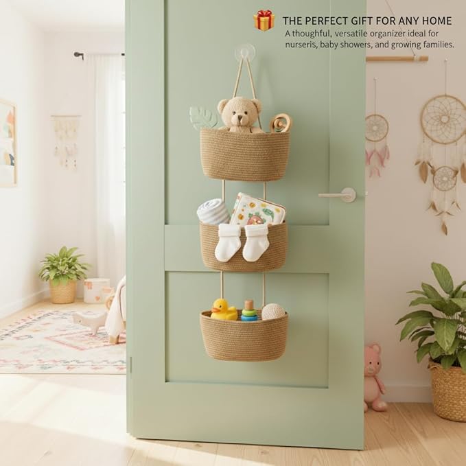 Over the Door Organizer, 3-Tier Hanging Storage Basket with Hooks, Cotton Back of Door Organizer for Living Room, Bedroom, Boho Wall Decor, Toy Storage, Jute