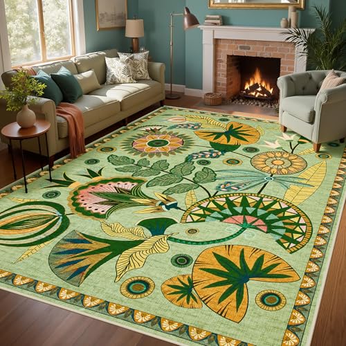 Joydeco Egypt Floral Area Rugs 9x12 Living Room, Large Sage Green Washable Carpet for Bedroom Playroom, Boho Vintage Non Slip Indoor Throw Rug for Dining Room Nursery Dorm Classroom, Green - color: Sage Green, size: 8'11" x 12' (Rectangular)