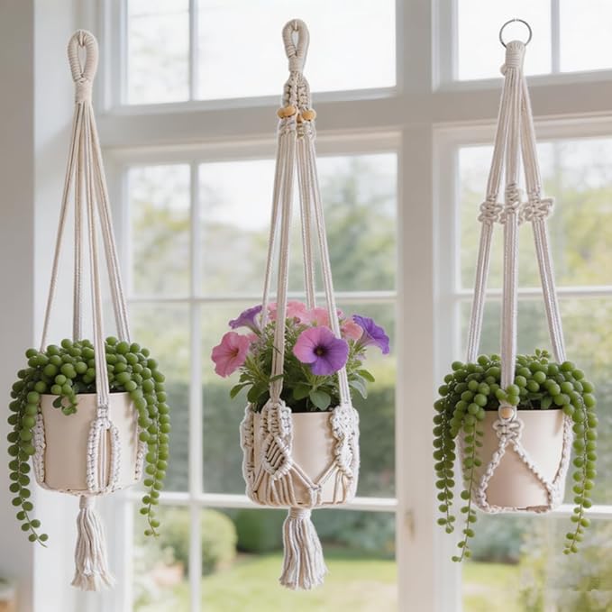 3 Pack Macrame Plant Hangers Handmade Woven Boho Hanging Planters for Indoor Plants Window Balcony Home Decor