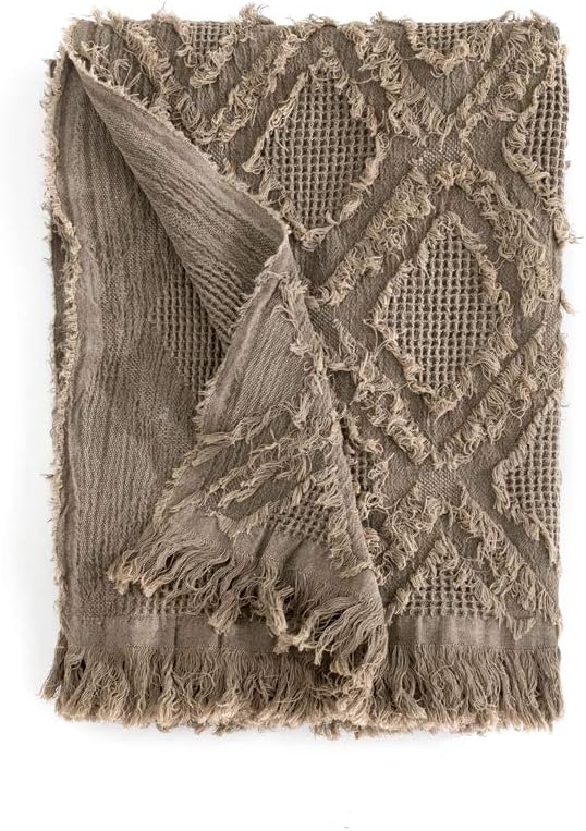 Simple&Opulence 100% Cotton Throw Blanket for Bed, Couch, Boho Textured Geometric Knit Woven Blanket with Tassels Soft, Lightweight Breathable Shabby Chic Farmhouse Decoration for All-Season(Brown)