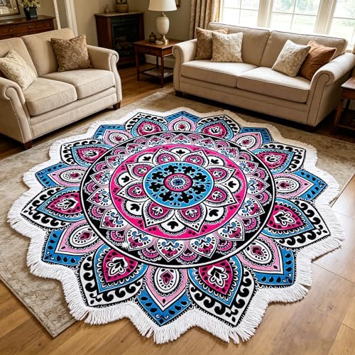Benefeet Sox Large Mandala Beach Towel Round Microfiber Circle Beach Towels Bohemian Roundie Beach Blanket Quick Dry Beach Throw Blanket Sand Free Pool Towels, 59 Inches Blue Pink - color: Mandala, Blue Pink