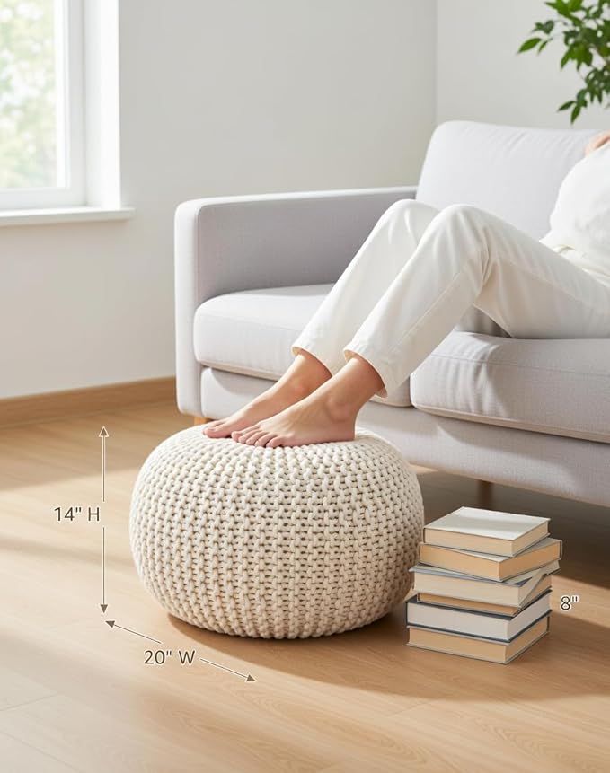 Palisa Round Ottoman Pouf Handmade Cotton Knitted Poof Bean Bag Filling (Ivory, 20" D x 20" W x 14" H)