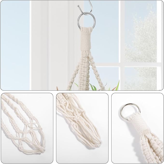 JIEYAO 2 Pack Handmade Macrame Plant Hangers, 19.6 Inch Cotton Hanging Planters Baskets Plant Holder Boho White Rope Flower Pot Holders for Outdoor Indoor Decor