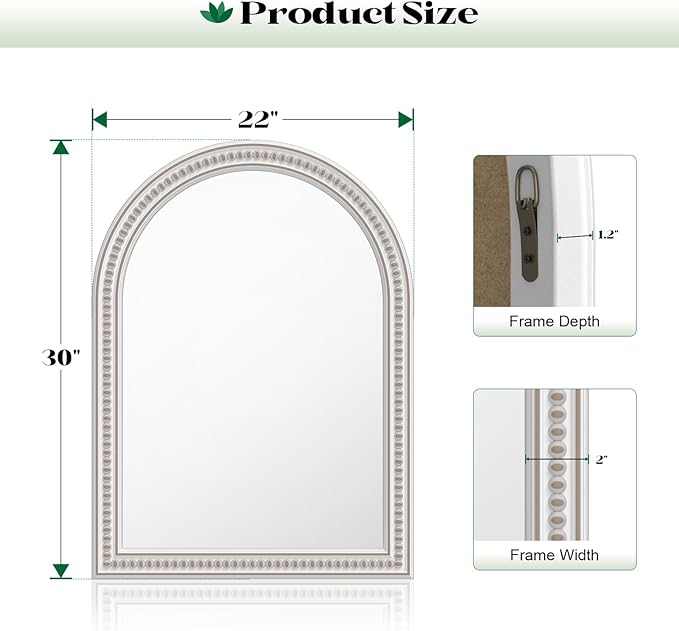 Boho Mirror for Wall, 22" x 30" Farmhouse Arched Rustic Wooden Frame Mirror with Beaded, Arch Decorative Wall Mirrors for Bathroom, Vanity, Living Room, Entryway