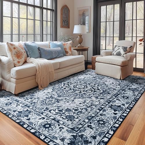 YJ.GWL Area Rugs for Living Room 5x7 Machine Washable Rugs, Non Slip Floral Vintage Rug Indoor Carpet, Stain Resistant Large Rug for Bedroom Dining Room, Navy Blue - color: Navy Blue, size: 5' x 7' (Rectangular)