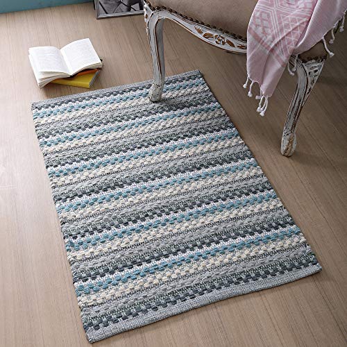 Cotton Chenille Hand Woven Area Rug 2x3 Feet - Aqua Combo, Reversible Quick Water Absorbent Accent Floor Rugs Ideal for Bathroom, Kitchen, Bedroom | Spa Blue Soft Washable Durable Mat for Home Décor - color: Aqua Combo, size: 2 x 3 feet