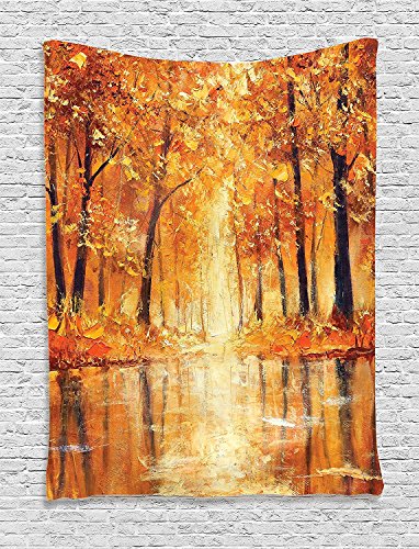 Ambesonne Country Tapestry, Painting of a Forest by The Small Lake in Autumn Pale Fall Trees and Leaves Art, Wall Hanging for Bedroom Living Room Dorm Decor, 40" X 60", Brown Orange - color: Orange Brown, size: 60"L x 40"W