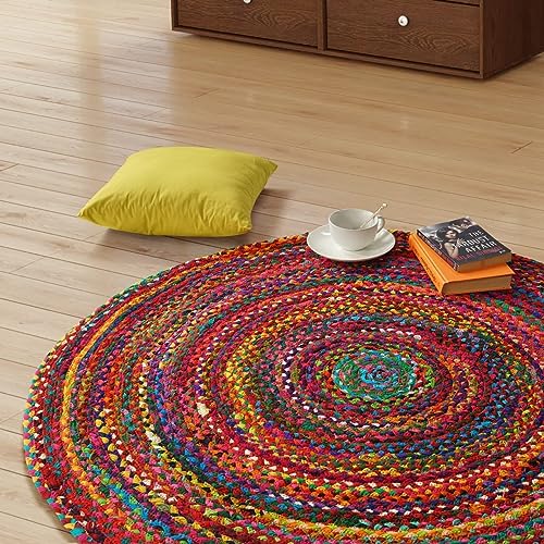 GRUHUM Round Cotton Area Rug 9ft-Natural Fiber Multicolour Handmade Boho Farmhouse Soft Braided Rustic Vintage EcoFriendly Rugs for Indoor EcoFriendly Kitchen Bedroom Living Hallways (9'feet Circle) - color: Multi Color- 27, size: 9' (Round)