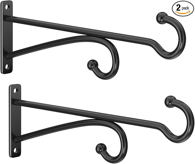 10" Plant Hanger Hook Outdoor Indoor – Planter Hooks for Hanging Plants, Plant Wall Hooks, Brackets for Hanging Plants, Baskets, Wind Chimes, Bird Feeders, Lanterns, Bird Houses (Black, Metal, 2-Pack)
