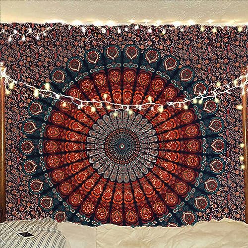Bless International Handmade Indian hippie Bohemian Psychedelic Peacock Mandala Wall hanging College Dorm Beach Throws Table Cloth Bedding Tapestry (Golden Blue, Queen(84x90Inches)(215x230Cms)) - color: Golden Blue, size: 90"L x 84"W