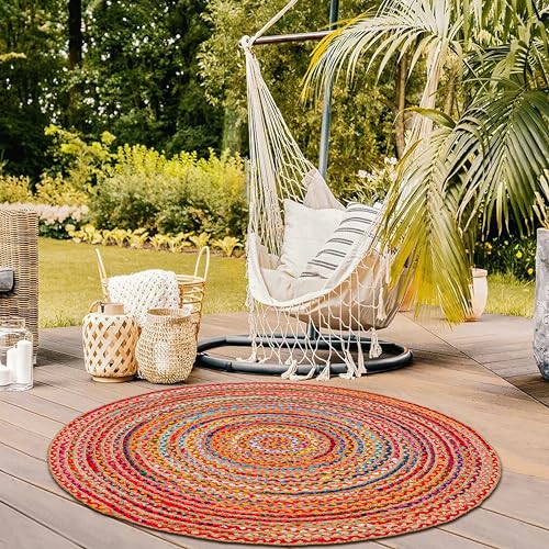 Hausattire Bohemian Braided Rug 3' Round - Multi Color, Small Farmhouse Jute Cotton Area Rag Rugs for Kids Bedroom, Playroom | Colorful Circle Hand Woven Cute Accent Mat - color: Multi Color, size: 3' (Round)