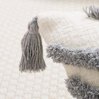 Boho Grey Lumbar Throw Pillow Cover 12x20 Inch with Tassels, Gray Geometric Tufted Cream Chenille Fabric Small Accent Textured Cushion Case for Bed Couch, 1 PC Cover Only No Insert