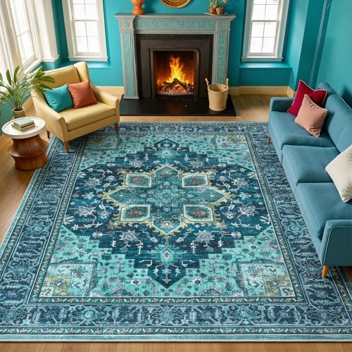 8x10 Turquoise Large Area Rugs for Living Room - Boho Teal Green Medallion Aesthetic Distressed Washable Rug, Soft Non-Slip Backing Low Pile Carpet for Dining Under Table, Bedroom, Office - color: Turquoise, size: 8' x 10' (Rectangular)