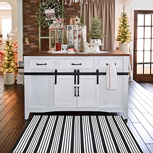 CAINANEL Black and White Striped Outdoor Rug 27.5'' x 43'' Front Door Mat Handwoven Cotton Indoor/Outdoor for Layered Door Mats,Welcome Door Mat, Front Porch,Farmhouse,Entry Way - color: Black&white Stripe, size: 2'4" x 3'7" (Rectangular)