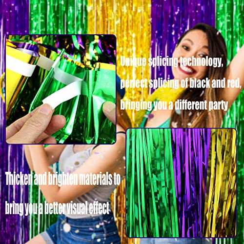 4 Pack Mardi Gras Foil Fringe Curtain Backdrop, 3.28Ft x 8.2Ft Gold Green Purple Metallic Tinsel Foil Fringe Streamers Curtains for Photo Booth, Wedding, Birthday, Carnival Party Decoration - color: Green,Purple
