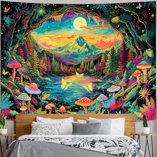 Zussun Blacklight Mushroom Forest Tapestry UV Reactive Nature Mountain Moon Butterfly Tapestry for Bedroom Aesthetic Landscape Large Tapestries Wall Hanging for Dorm Living Room Decor 80 x 60 Inch - color: Warm Yellow, size: 80"L x 60"W