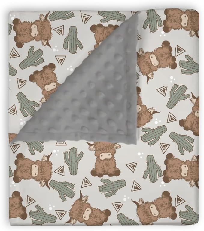 Mink Baby Boy Girl Blankets Boho Highland Cow Cactus, Gray Western Cowboy Soft Double Layer Dotted Backing Receiving Swaddle, Newborn Infant Toddler Nursery Crib Bedding Shower Gift 30" x 40"