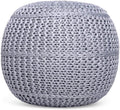 BIRDROCK HOME Round Pouf Foot Stool Ottoman - Knit Bean Bag Floor Chair - Cotton Braided Cord - Great for The Living Room, Bedroom and Kids Room - Small Furniture (Soft Silver)
