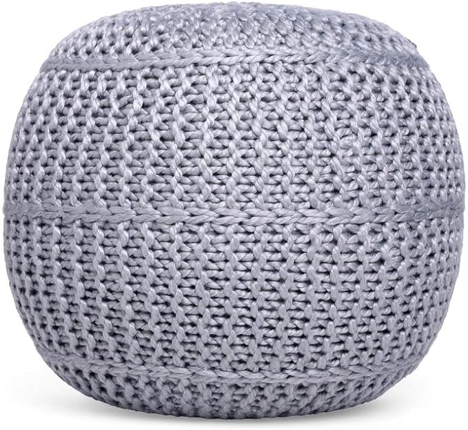 BIRDROCK HOME Round Pouf Foot Stool Ottoman - Knit Bean Bag Floor Chair - Cotton Braided Cord - Great for The Living Room, Bedroom and Kids Room - Small Furniture (Soft Silver)