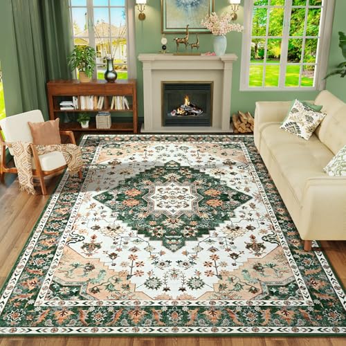 Amearea Vintage Design Area Rugs for Living Room, 4x6 Machine Washable Floral Collection Traditional Bedroom Rug, Low Pile Cute Kids Room Print Carpet, No Slip Office Kitchen Home Decor, Green - color: Green, size: 4' X 6' (Rectangular)