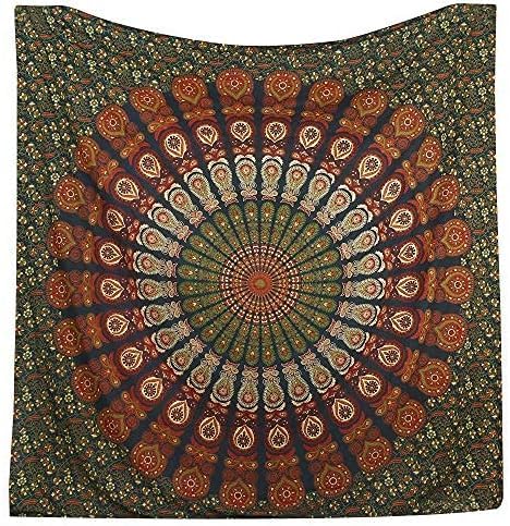 Bless International Handmade Indian hippie Bohemian Psychedelic Peacock Mandala Wall hanging College Dorm Beach Throws Table Cloth Bedding Tapestry (Ever Green, Medium(54x60Inches)(137x152cms)) - color: Evergreen, size: 60"L x 54"W