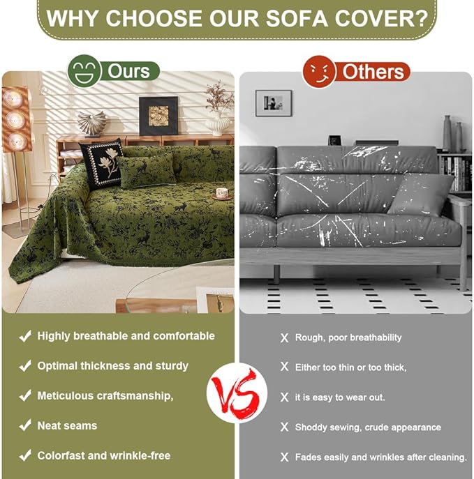 ROOMLIFE Green Sofa Cover, Vintage Boho Couch Cover for 3 Cushion Sofa, Non Slip Soft Chenille Sofa Slipcovers for Dog, Washable Furniture Sofa Protector Cover with Tassel for Living Room, 71''X150”