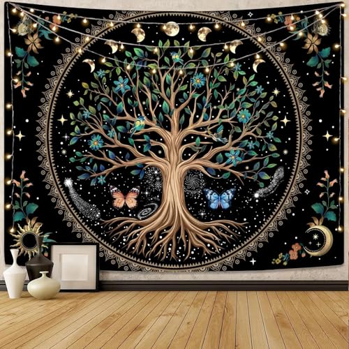 Lunerfex Tree of Life Tapastry Sun and Moon Tapastry Flower Boho Tree Mandala Wall Hanging for Bedroom and Living Room Decor Green Tree 44×60 Inches - color: Light Green, size: 60"L x 44"W