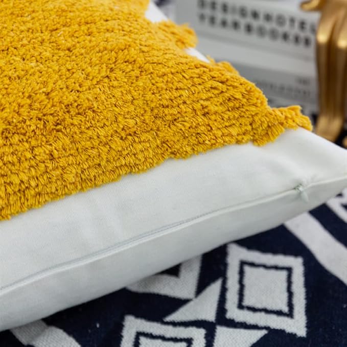 Golden Yellow Sun Woven Tufted Throw Pillow Cover,Boho Ethinc Cozy Cushion Cover for Bedroom Living Room Couch,Regalo para Navidad,18x18 Inches