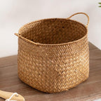 Ciieeo Japanese Style Woven Storage Basket Handles Handcrafted Decorative Organizer for Cosmetics Flower Arrangement or Nursery Natural Grass Weave for Home Decor